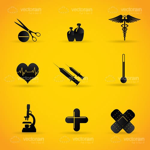 Black Silhouette Medical Icons 9 Pack on a Bright Yellow Background